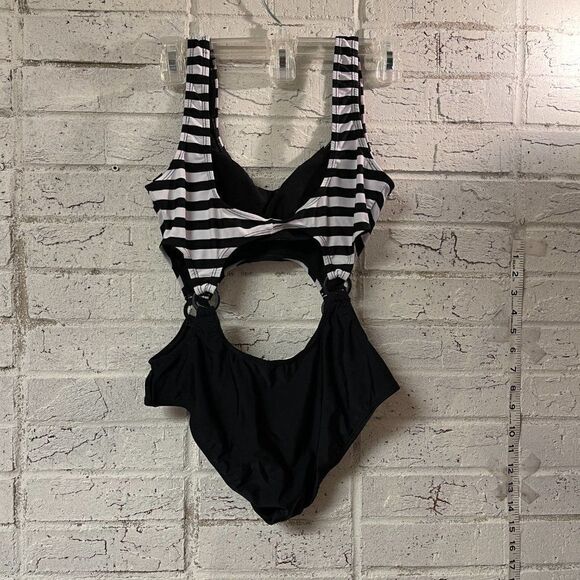 Material Girl Bow Striped Black White Pink One Piece Cut Out Swimsuit Small - Picture 4 of 10